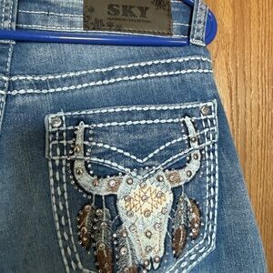 Sky Embroidered Studded Blue Denim Bootcut Jeans